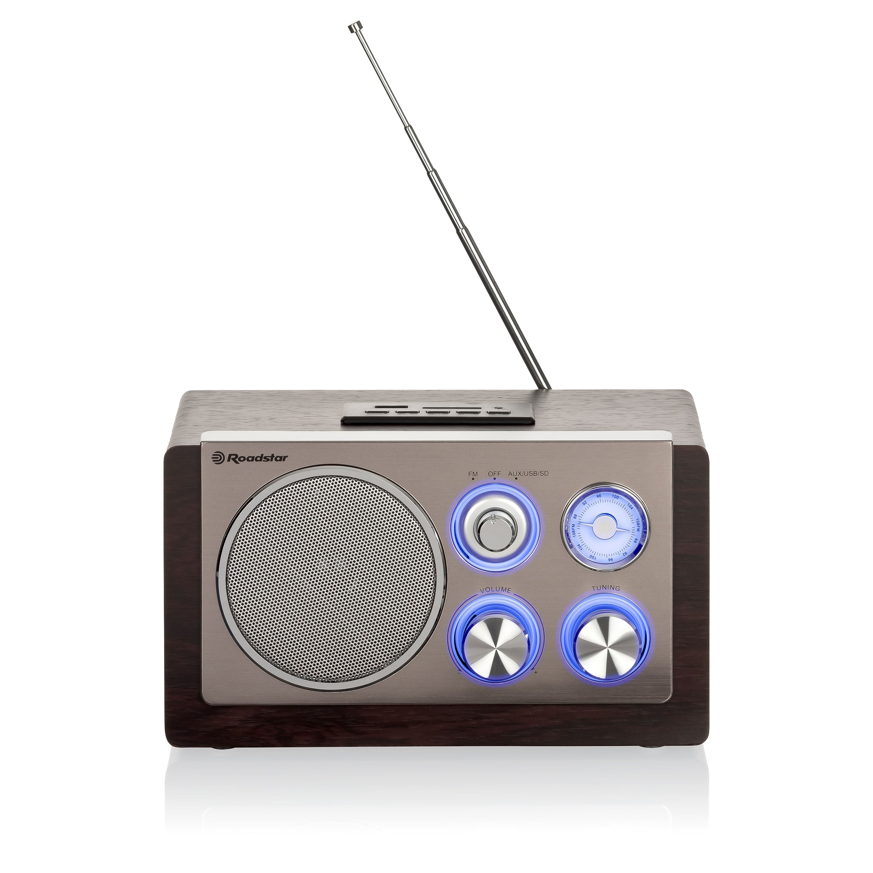 Roadstar HRA-1345NUSWD Vintage radio FM analoog, draagbaar, USB-poort voor MP3, SD-kaartlezer, 16 W 1-weg luidspreker, compacte retro radio voor thuis en keuken, led-verlichting, hout Roadstar HRA-1345NUSWD Vintage radio FM analoog, draagbaar, USB-poort voor MP3, SD-kaartlezer, 16 W 1-weg luidspreker, compacte retro radio voor thuis en keuken, led-verlichting, hout